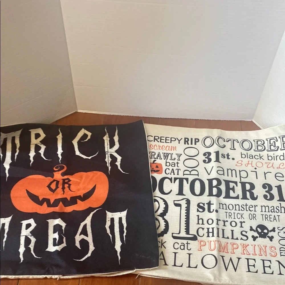 2 Halloween Trick or Treat pumpkin Pillow Covers shams hidden zipper 17x17”